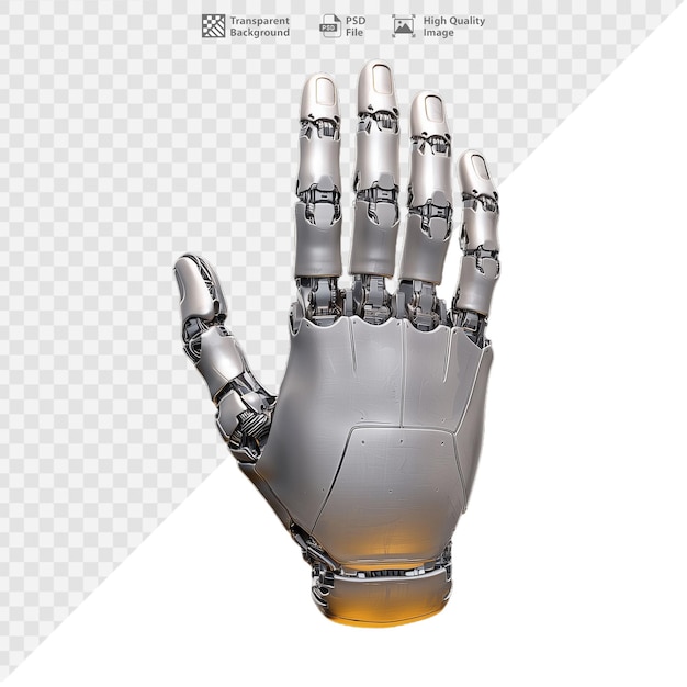 Mão robótica com desenho mecânico intrincado e dedos articulados em fundo transparente