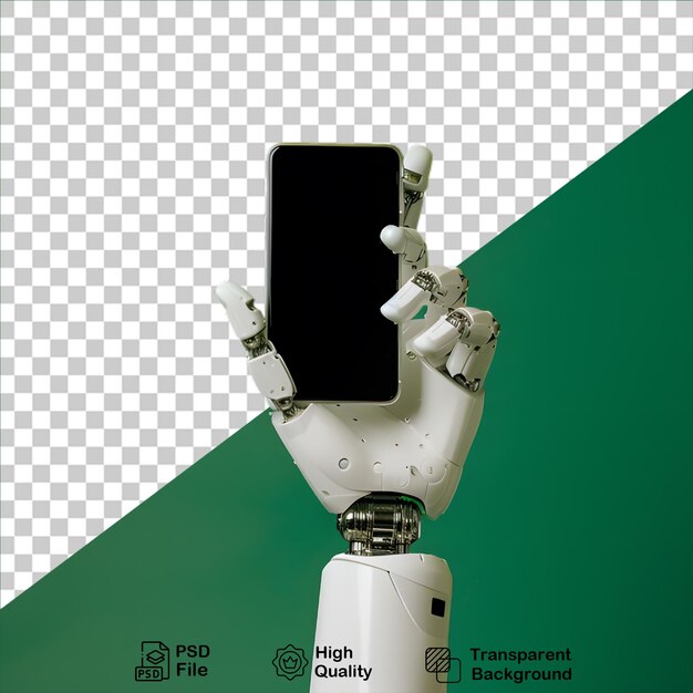 Mão robótica segurando telefone em fundo transparente inclui arquivo png