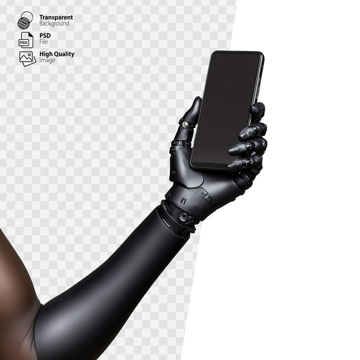 PSD mão robótica segurando um smartphone verticalmente em um fundo transparente