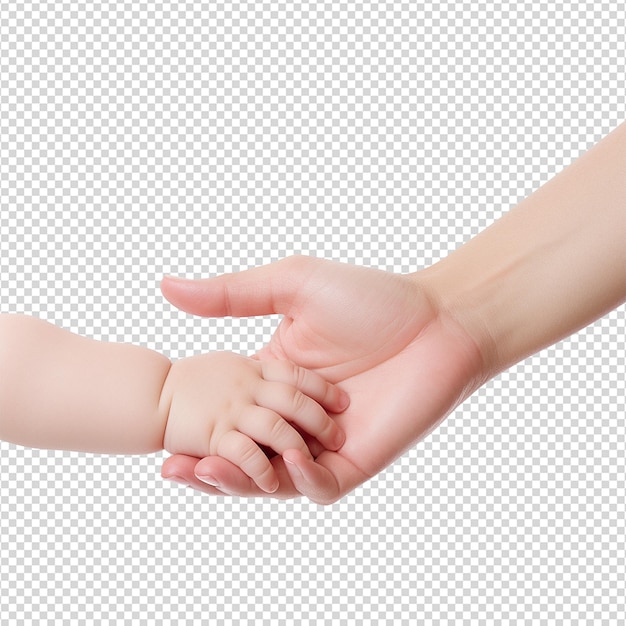 Mão segurando a mão do bebê isolada em fundo transparente