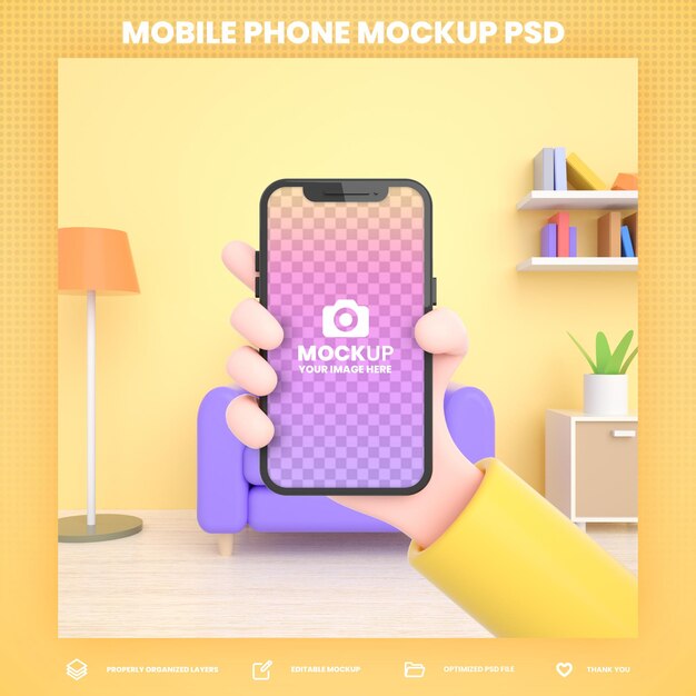 Mão segurando a maquete de renderização 3d do telefone para modelo de postagem de instagram de mídia social