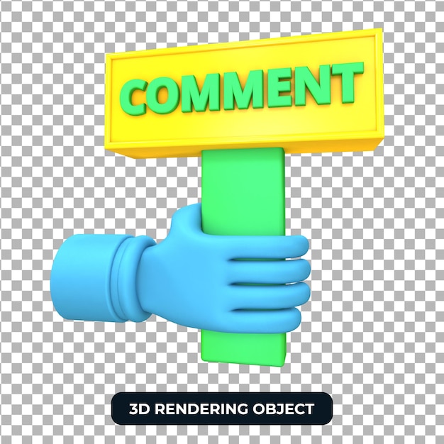 Mão segurando a placa de comentário 3d render isolada