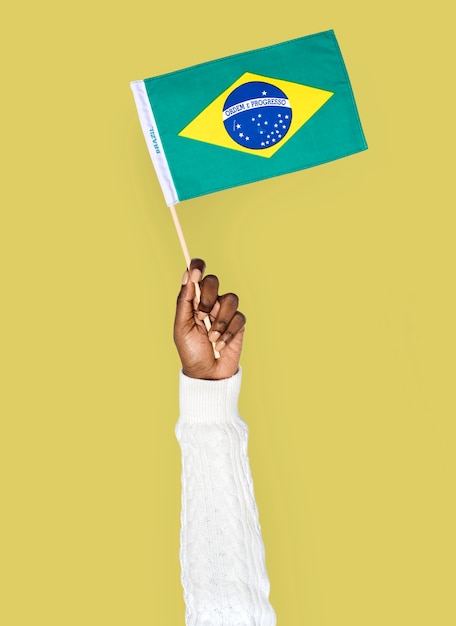 PSD mão, segurando, bandeira brasileira, isolado