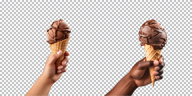 Mão segurando cone de sorvete de chocolate isolado em fundo transparente png
