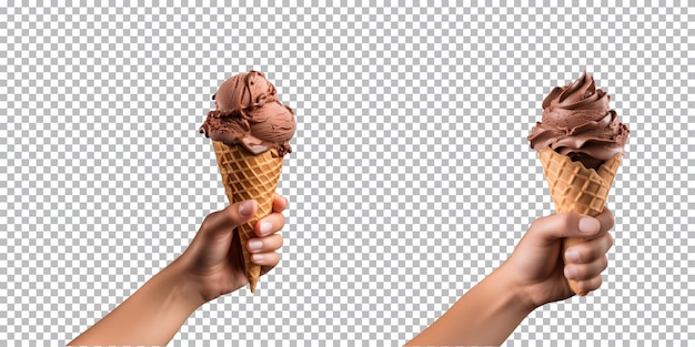 Mão segurando cone de sorvete de chocolate isolado em fundo transparente png