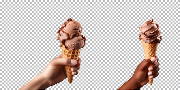 Mão segurando cone de sorvete de chocolate isolado em fundo transparente png