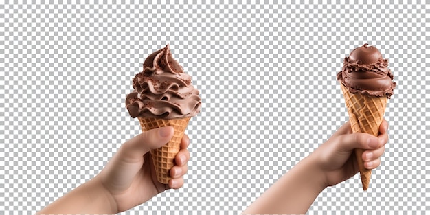 PSD mão segurando cone de sorvete de chocolate isolado em fundo transparente png