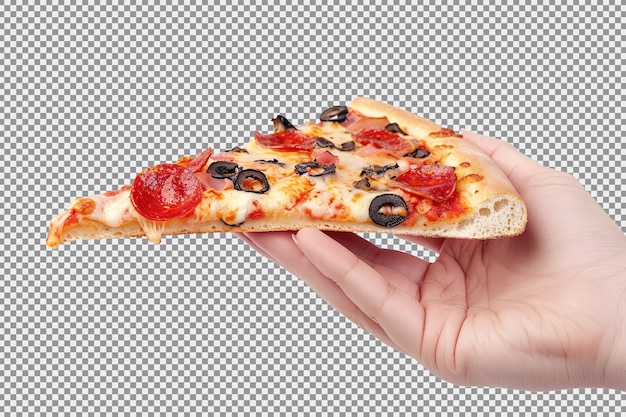 Mão segurando fatia de pizza isolada em fundo branco