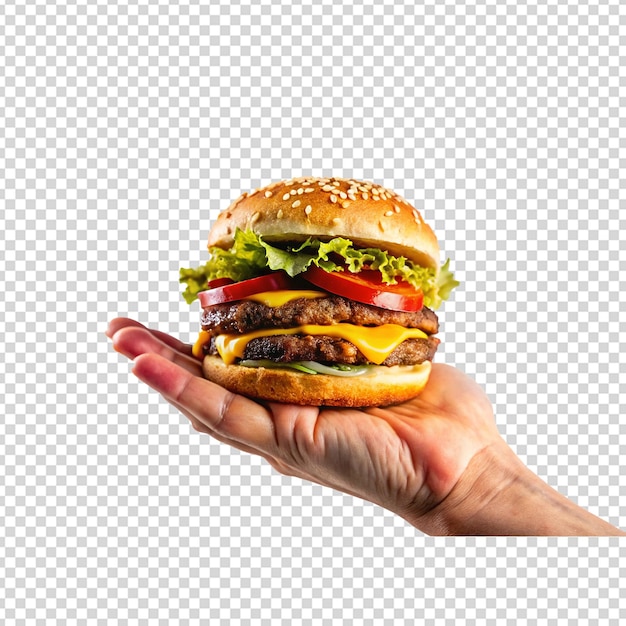 Mão segurando hambúrguer png isolado em fundo branco