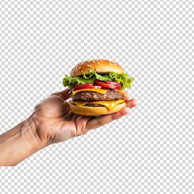 Mão segurando hambúrguer png isolado em fundo branco