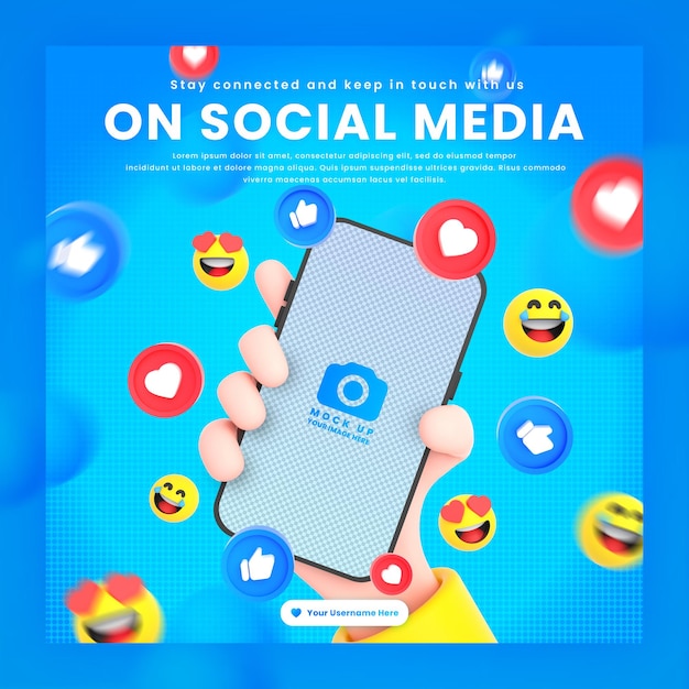 Mão segurando ícones de redes sociais de telefone em torno da maquete de renderização em 3D para modelo de postagem de mídia social