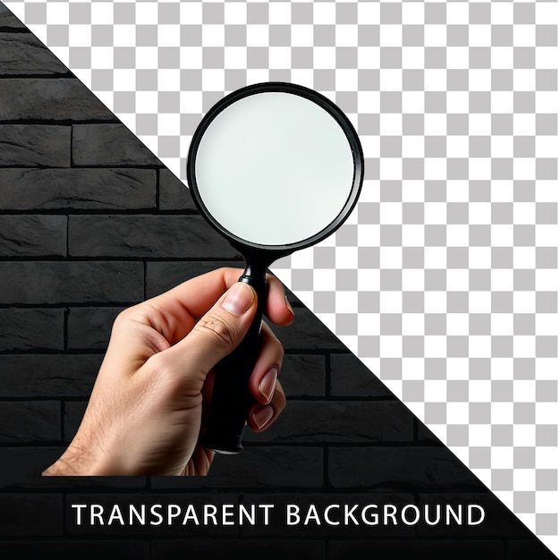 Mão segurando lupa em fundo transparente