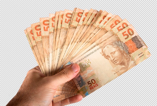 PSD mão segurando notas de cinquenta dólares dinheiro brasileiro png fundo transparente