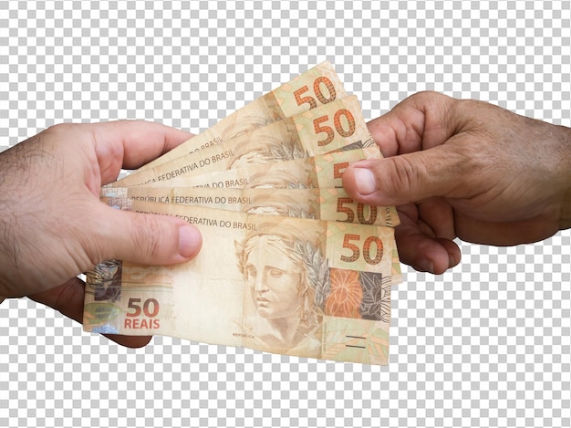 Mão segurando notas de cinquenta reais dinheiro brasileiro fundo transparente png