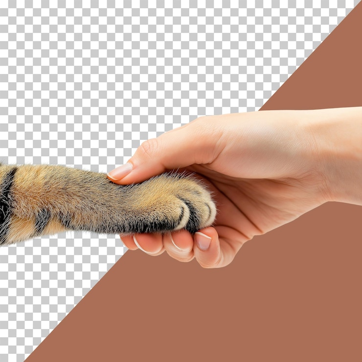 PSD mão segurando pata de gato isolada em fundo transparente