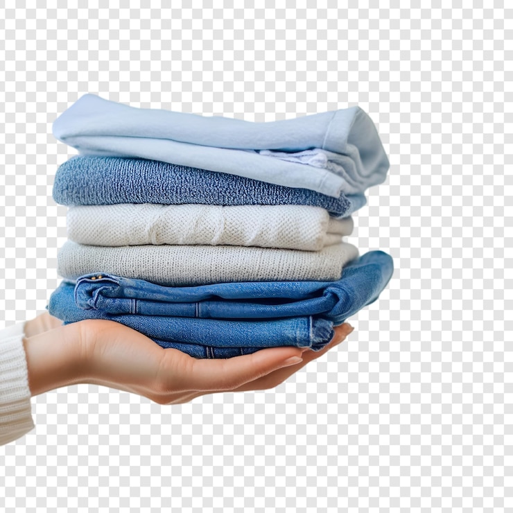 PSD mão segurando roupas dobradas isoladas em um fundo transparente
