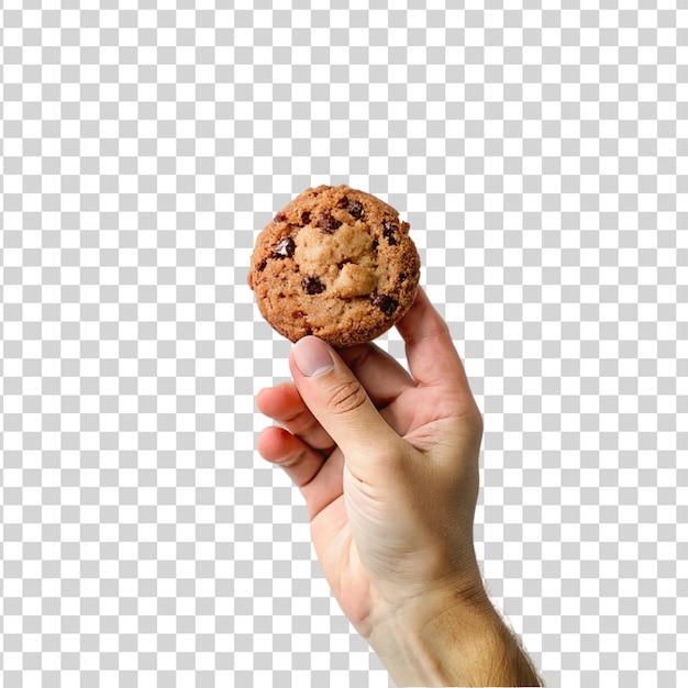 Mão segurando um biscoito isolado em fundo transparente