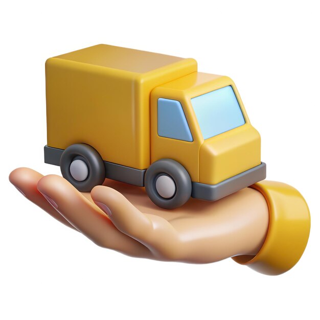 Mão segurando um caminhão de entrega de brinquedo amarelo em estilo de ilustração 3D para conceito de logística