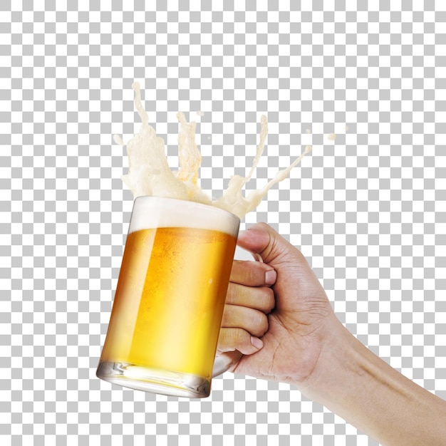 PSD mão segurando um copo de cerveja com espuma e bolhas png transparência