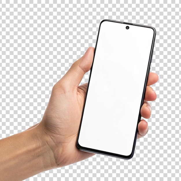 Mão segurando um modelo de smartphone em branco isolado transparente no fundo