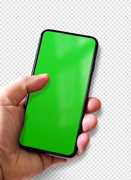 Mão segurando um smartphone com tela verde em branco isolada em fundo transparente com sombra