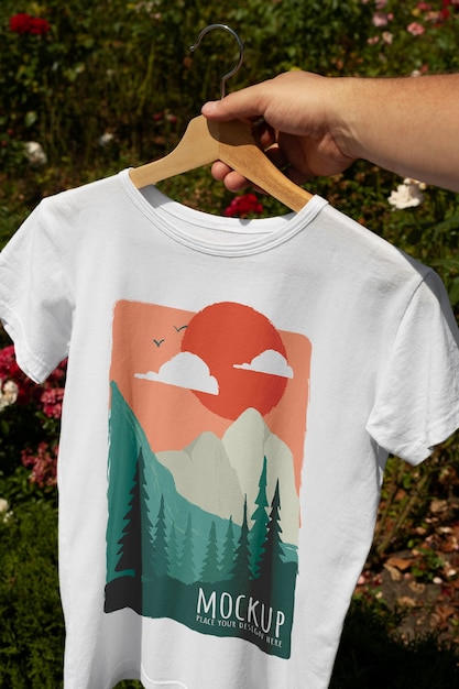 Mão segurando uma camiseta na natureza