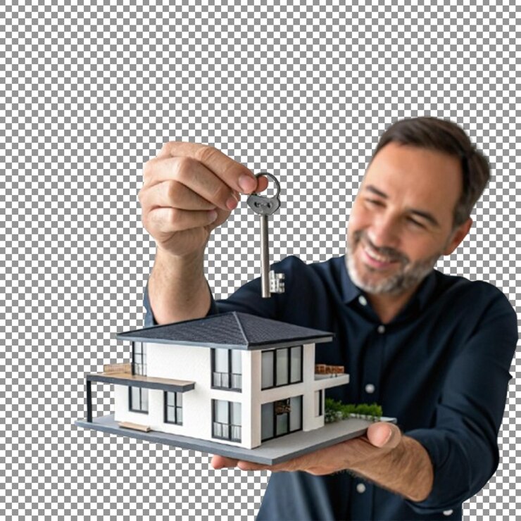 PSD mão segurando uma casa e chave imagem em fundo transparente