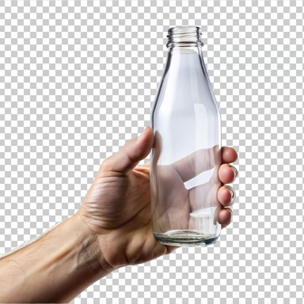 PSD mão segurando uma garrafa de vidro vazia em fundo transparente