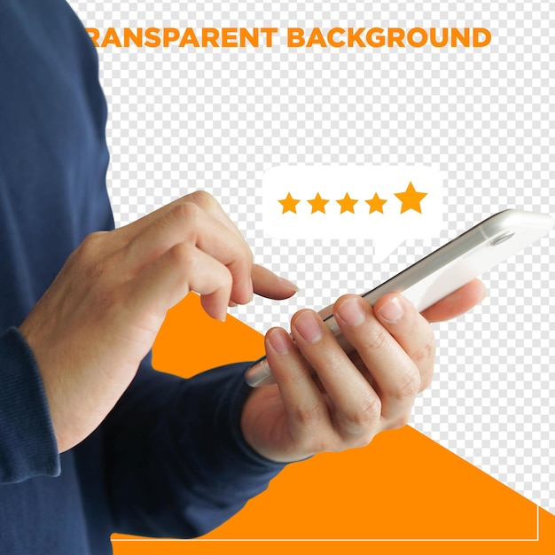 Mão usando telefone celular para deixar seu testemunho e qualificar a loja com um fundo transparente