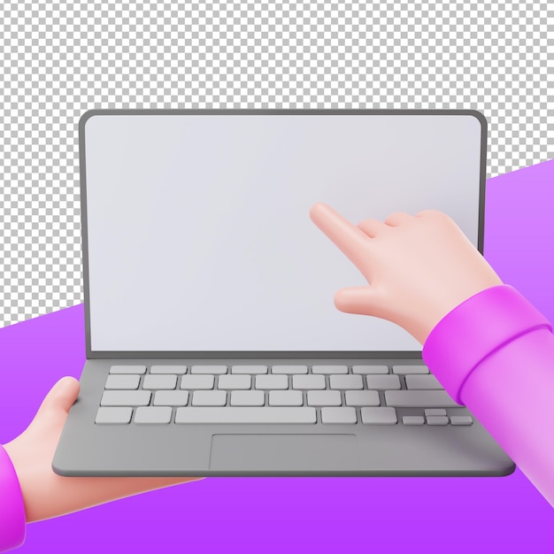 PSD mãos 3d com laptop, ilustração de renderização 3d