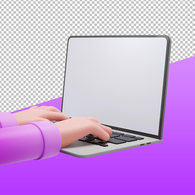 PSD mãos 3d com laptop, ilustração de renderização 3d