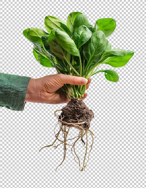 Mãos arrancar a planta de espinafre junto com as raízes isolado fundo transparente