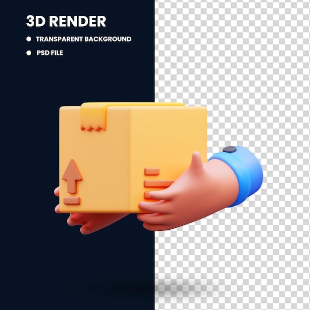 Mãos carregando pacotes de papelão, ilustração de renderização 3d