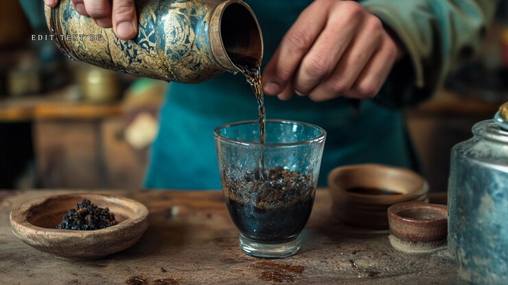 PSD mãos derramando café escuro de uma panela ornamentada em um copo com pó de café