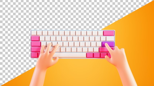 PSD mãos dos desenhos animados e renderização em 3d do teclado as mãos do personagem usam o teclado design simples dos desenhos animados