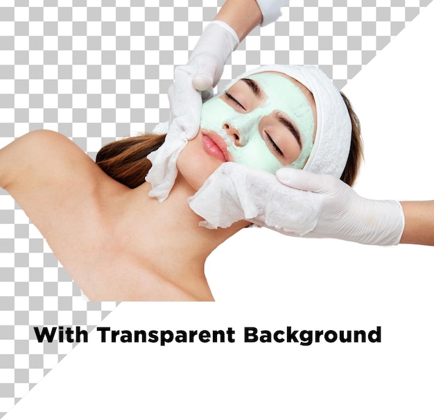 Mãos fazendo máscara facial ou limpando o rosto de uma jovem mulher PSD isolado em fundo transparente