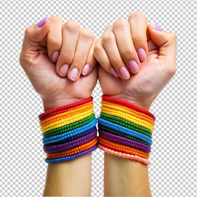 PSD mãos femininas com pulseiras coloridas orgulho lgbt em fundo transparente