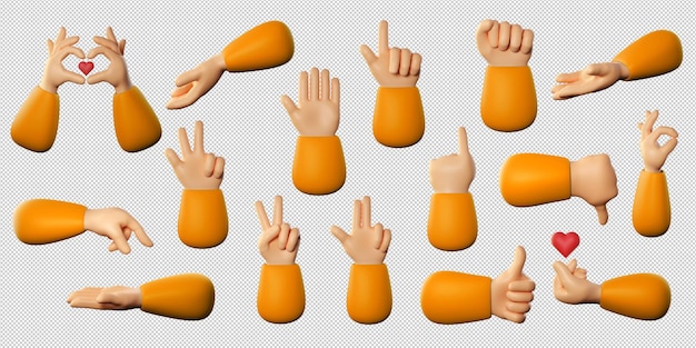 Mãos humanas definidas em estilo de desenho animado 3d. Diferentes dedos gesticulam para o conceito de negócios e produtos.