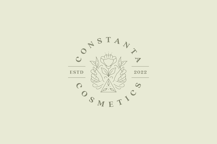 PSD mãos humanas segurando elegantes flores botânicas logotipo de linha de arte de plantas de flores orgânicas