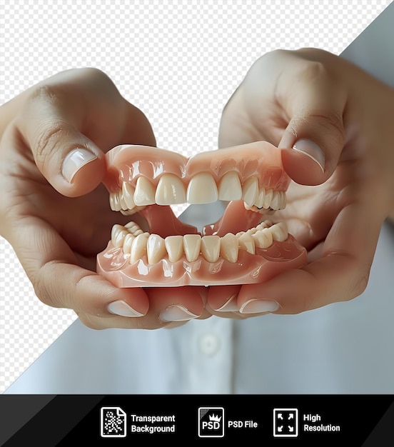 Mãos isoladas de perto com prótese dentária em um fundo isolado png psd