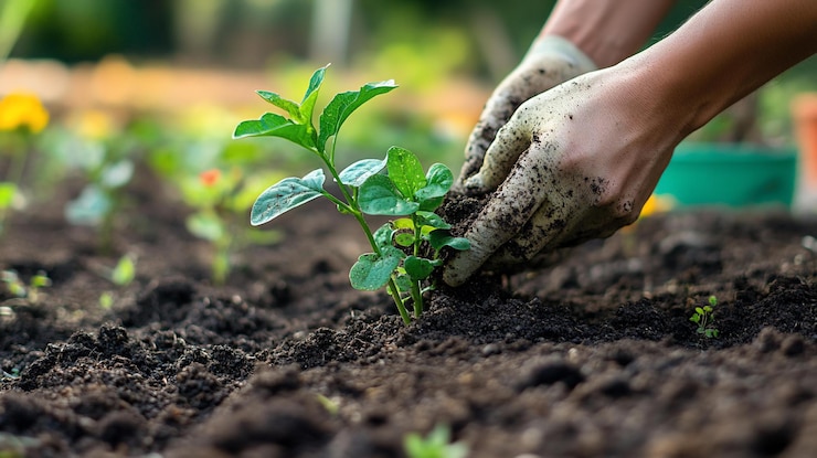 PSD mãos plantando uma pequena mudinha de planta verde em solo escuro