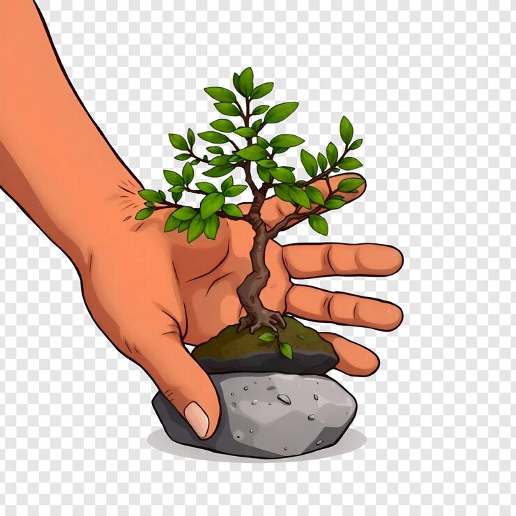 PSD mãos segurando a planta vista lateral isolada em fundo transparente