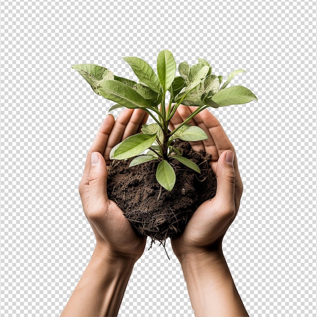 Mãos segurando planta verde jovem isolada em fundo branco