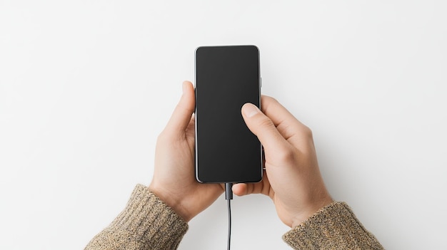 Mãos segurando smartphone com tela preta