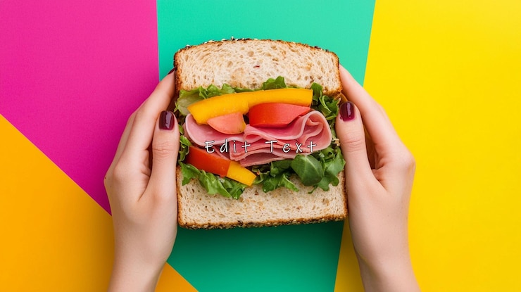 PSD mãos segurando um delicioso sanduíche com tomate de presunto e alface em fundo colorido