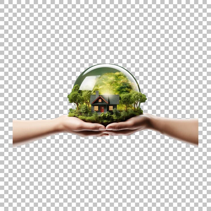 Mãos segurando um globo com uma casa em um fundo transparente