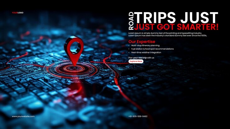 PSD map ui kit alertas de tráfico plantilla de banner con un mapa digital con un pin de ubicación roja brilla sobre un fondo oscuro