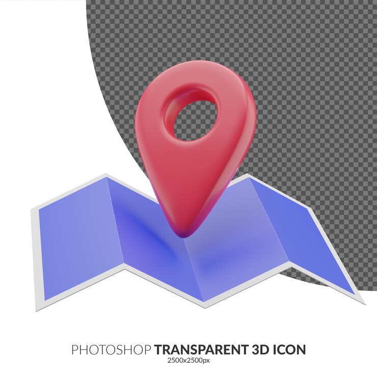 mapa 3D azul com ícone pontual vermelho