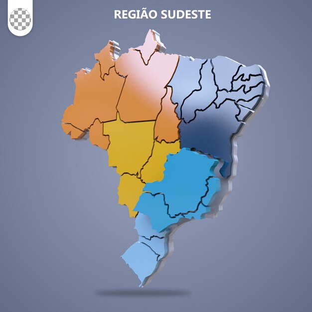 PSD mapa 3d do brasil por regiões em cores vintage região educacional sudoeste