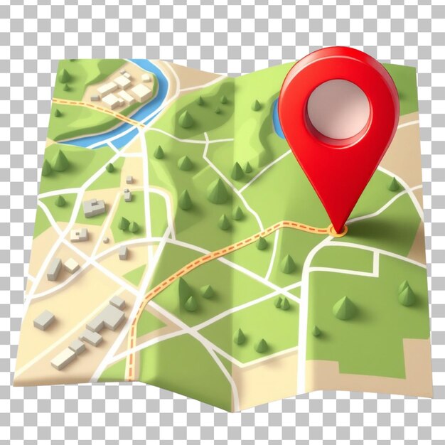 Mapa 3D con pin de ubicación con un fondo transparente